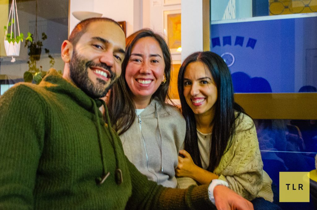 TLR Family members Robert, Dani, and Marta enjoying the latest TGIF event about crafting a sustainable wellness routine while travelling.  Pic: Adriana Marijuan.